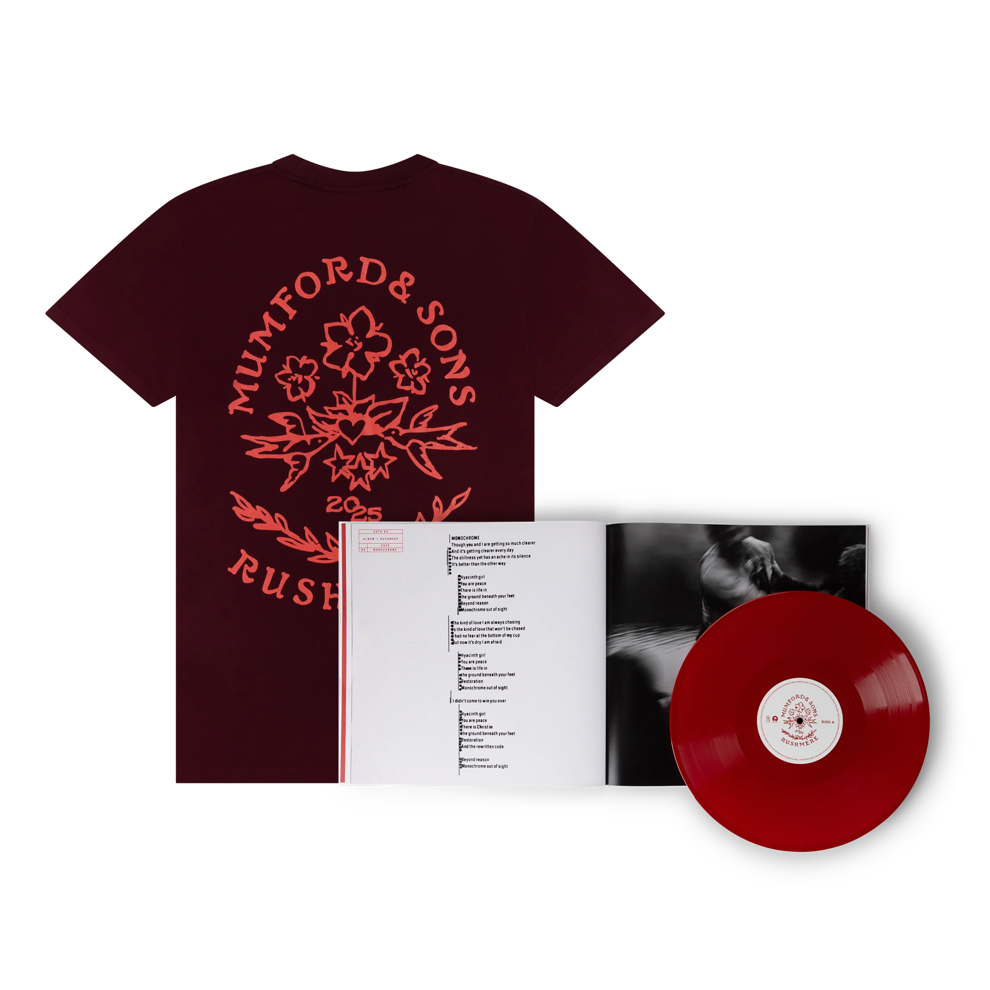 Almost Places Vinyl Book & Maroon Stamp Print T-Shirt Bundle